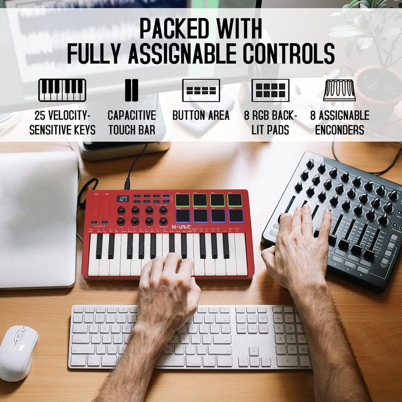 M-VAVE 25 Key USB MIDI Keyboard Controller With 8 Backlit Drum Pads, Bluetooth Semi Weighted Professional dynamic keybed 8 Knobs and Music Production,Software Included (Red) - Image 3